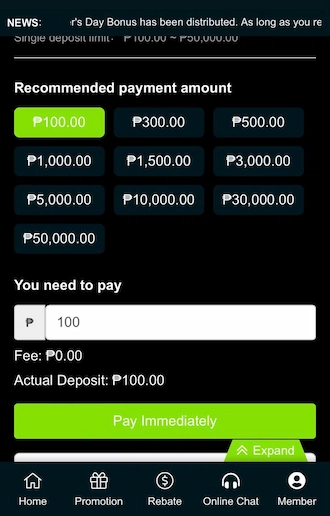 Step 3: Select the amount you want to pay and click Pay Immediately