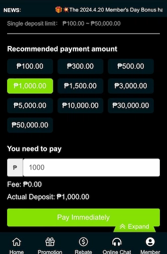 Step 2: Select the payment amount and click Pay Immediately