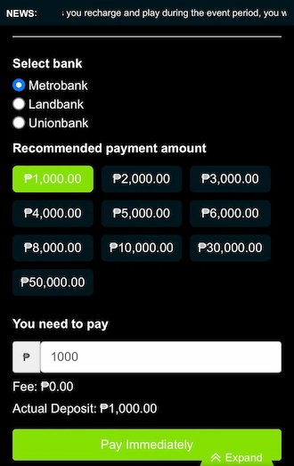 Step 2: Select Bank and choose the payment amount